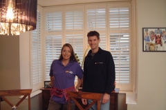 Sam and Julia with the bay window shutters fitted on DIY SOS